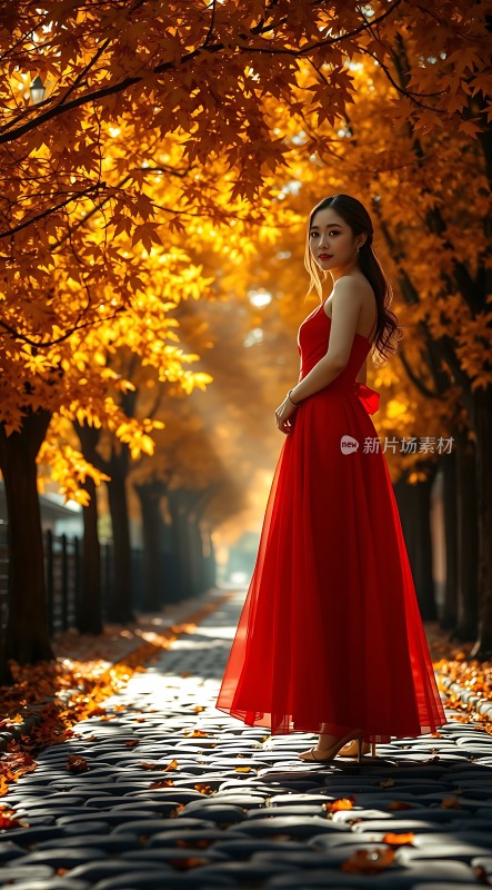 秋日红裙佳人