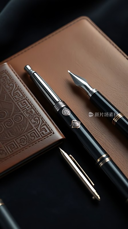 黑色钢笔与棕色笔记本的结合展现优雅与实用的完美融合