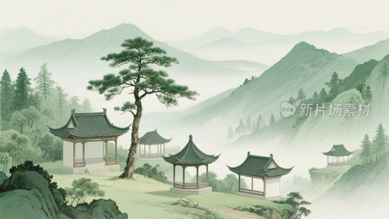 中式山水亭阁风景图