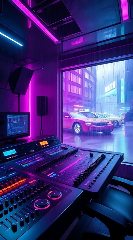 霓虹灯光下的音乐工作室