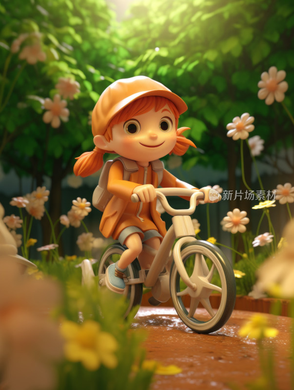 骑自行车在乡村小径的孩子3D