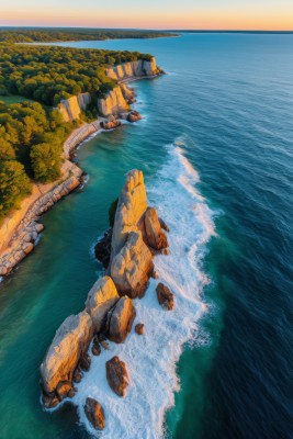 岩石海岸线和水面的鸟瞰图高清风景图片