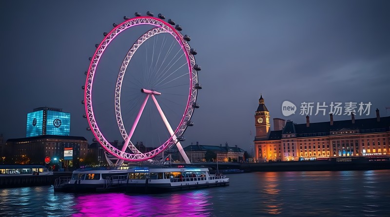 伦敦眼夜景河畔游船灯火辉煌的城市风光