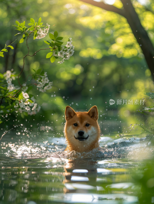 犬在清澈的水中游泳