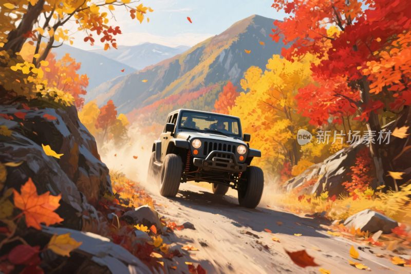 秋日越野吉普车行驶在山径
