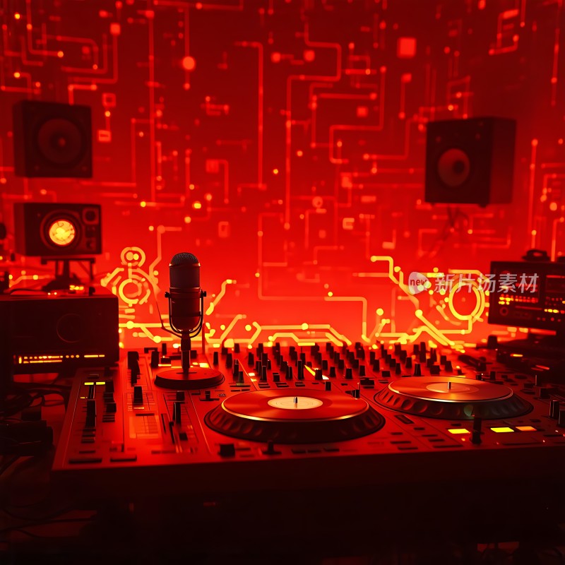 红色舞台灯光下的DJ设备