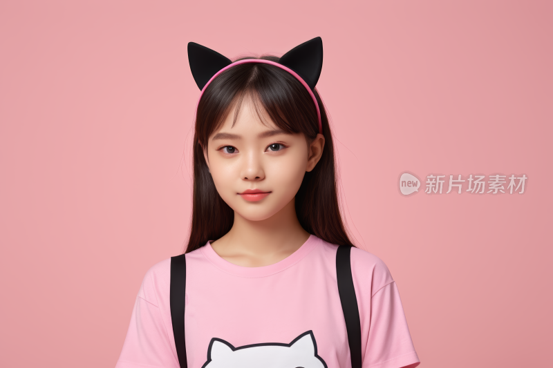 女孩穿着粉色衬衫戴着黑猫头带高清图片