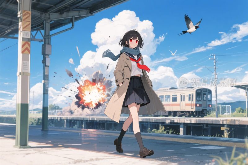 动漫女生站台爆炸场景