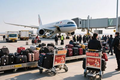 机场乘客与行李及停靠飞机场景