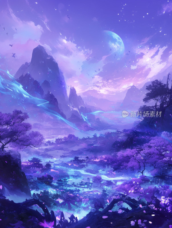 月光下的樱花夜景