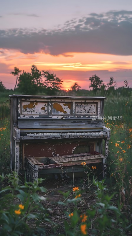 废弃钢琴与日落黄昏