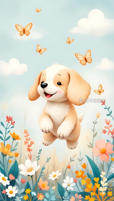 阳光下的快乐小狗与蝴蝶花海