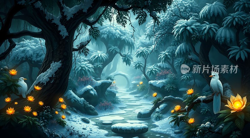 雪林秘境白鸟与莲花