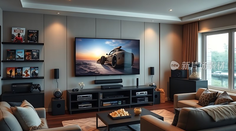 现代客厅舒适沙发大屏幕电视精美装饰品