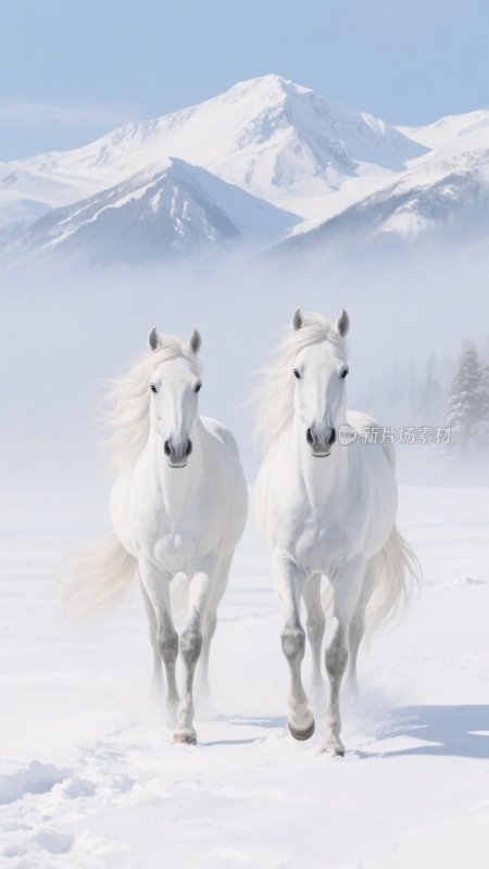 雪地中两匹奔跑的白马