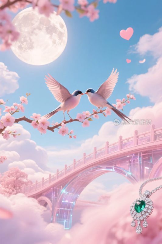 浪漫月下双鸟与梦幻桥景