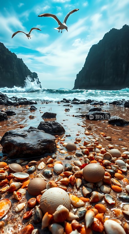 海天一色浪花飞溅贝壳遍布鸟儿翱翔