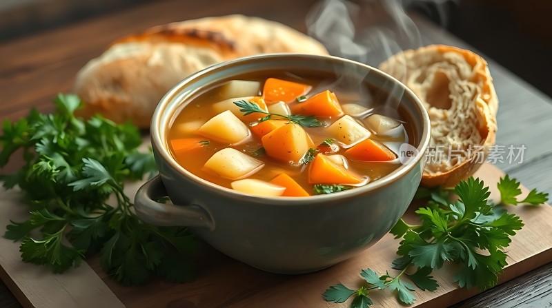 热气腾腾蔬菜汤配新鲜香菜和法棍面包
