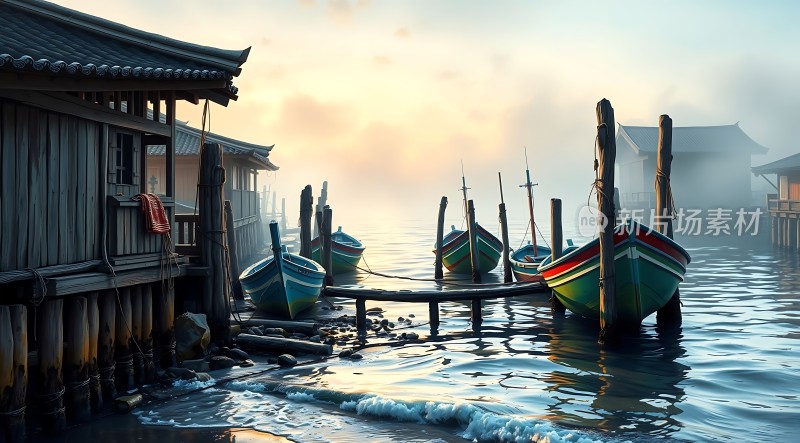 晨雾中的渔村码头