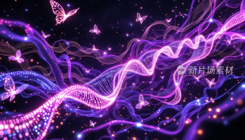 紫色蝴蝶与光带交织的梦幻世界