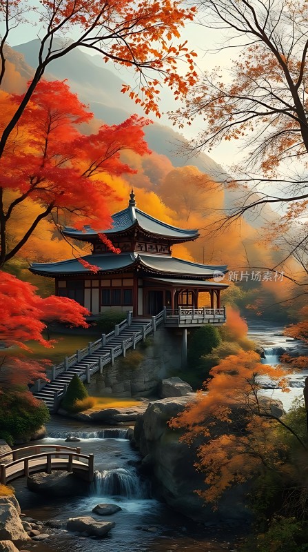 秋日古亭映红枫