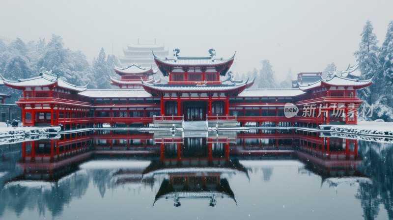 冬天中国塔楼亭台楼阁下雪古风雪景