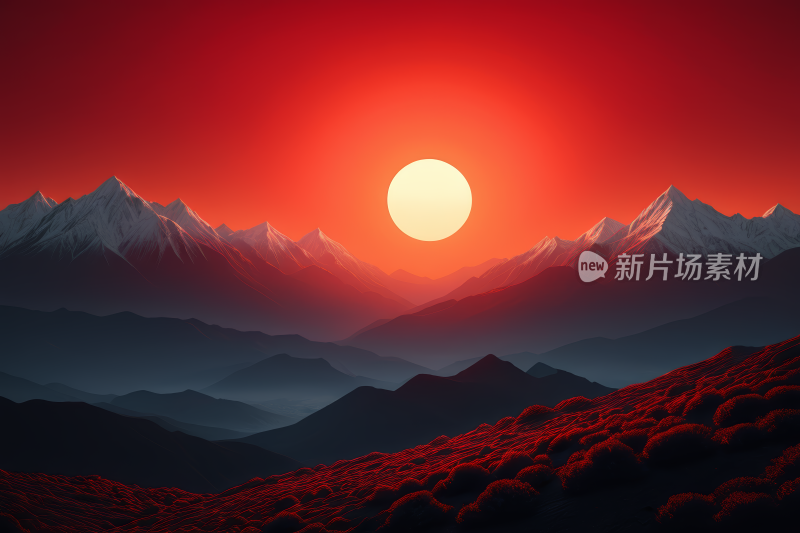 远处有红天和夕阳的山脉高清背景图片