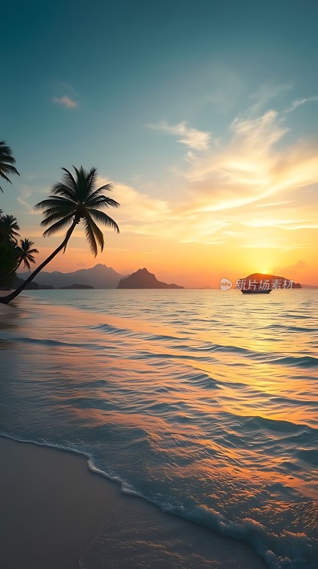 椰林晚霞映碧波