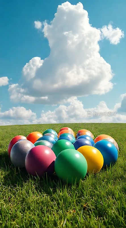 蓝天白云下的彩色气球草地