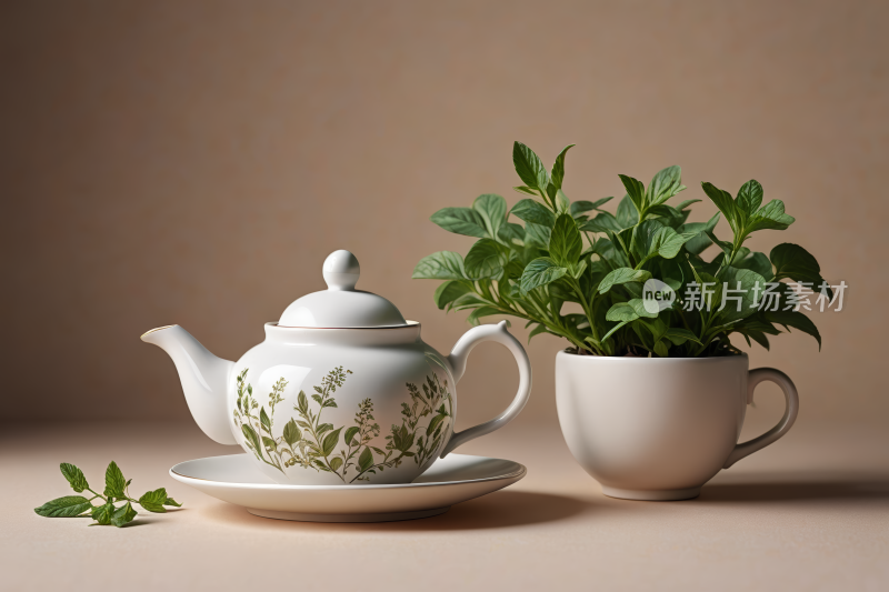 一个茶壶和一个杯子里面一株植物高清图片