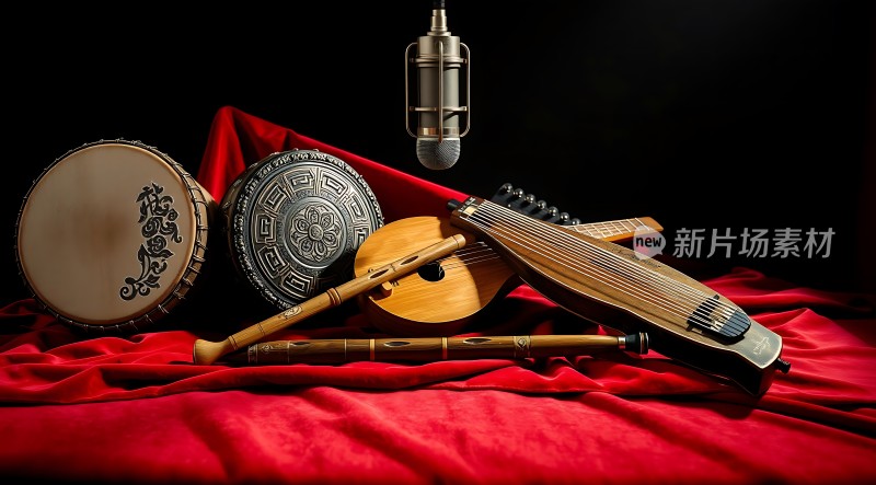 古乐器与麦克风组合展示