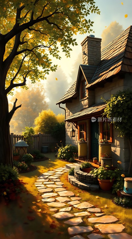 秋日小屋阳光下的温馨家园