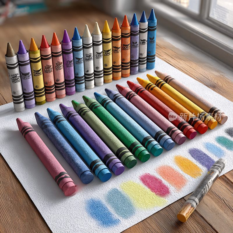 彩色蜡笔整齐摆放在纸上