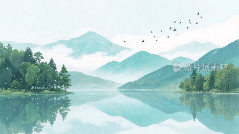 山水湖景风景画