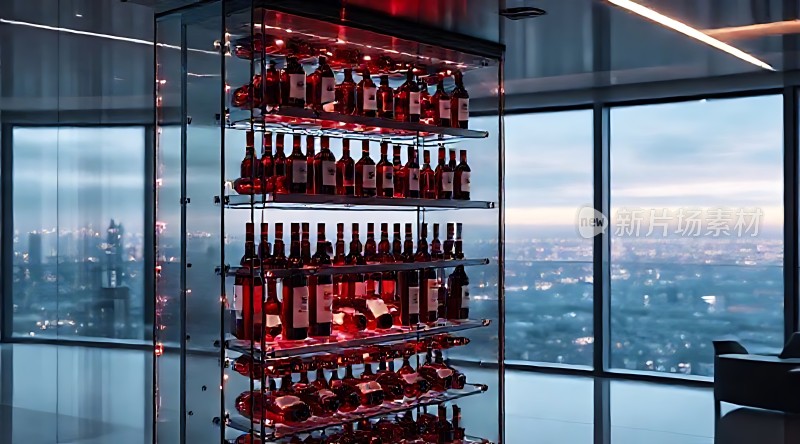 摩天大楼内的红酒展示架