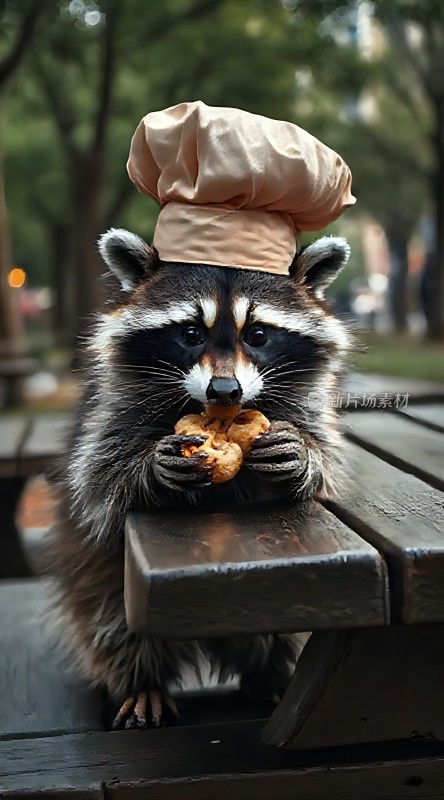 戴厨师帽的小浣熊吃甜甜圈