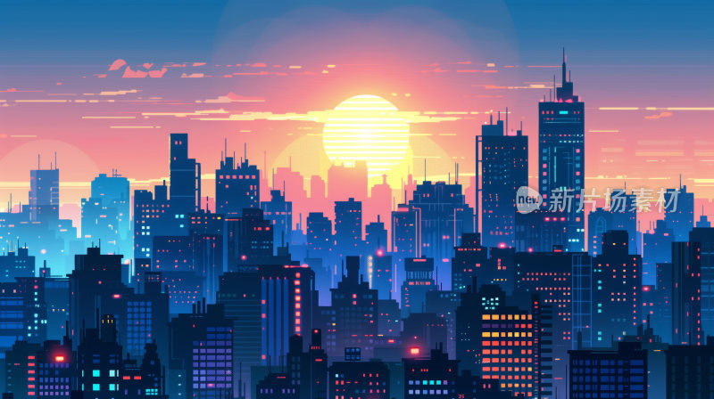 夕阳下的卡通风格的城市插画