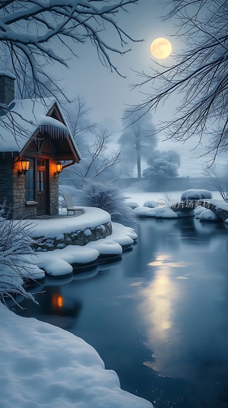 雪夜小屋与月光下的湖畔美景