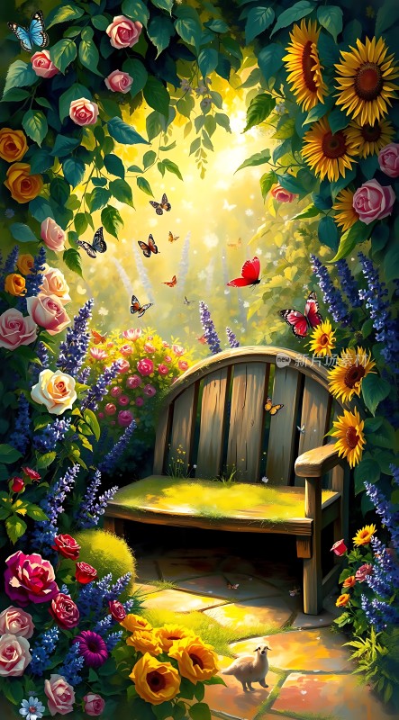 阳光下的花园长椅