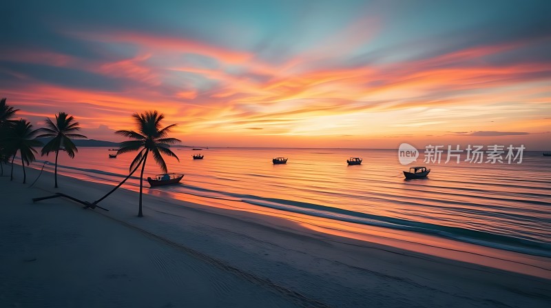 椰林晚霞映碧波