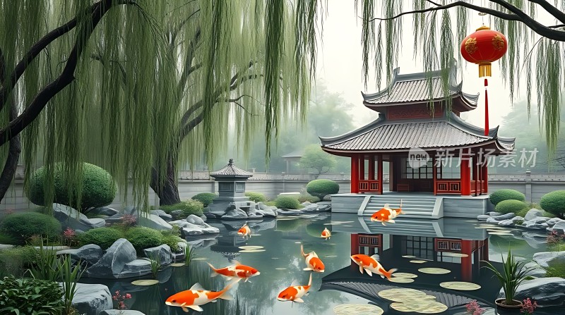 古亭垂柳戏金鲤