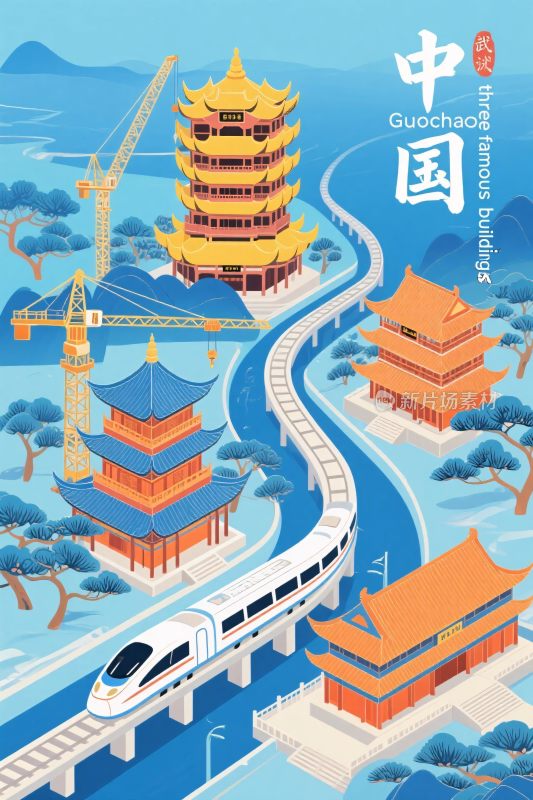 中国古建现代交通插画