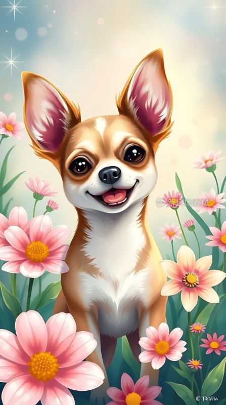 阳光下的快乐小狗与粉色花朵