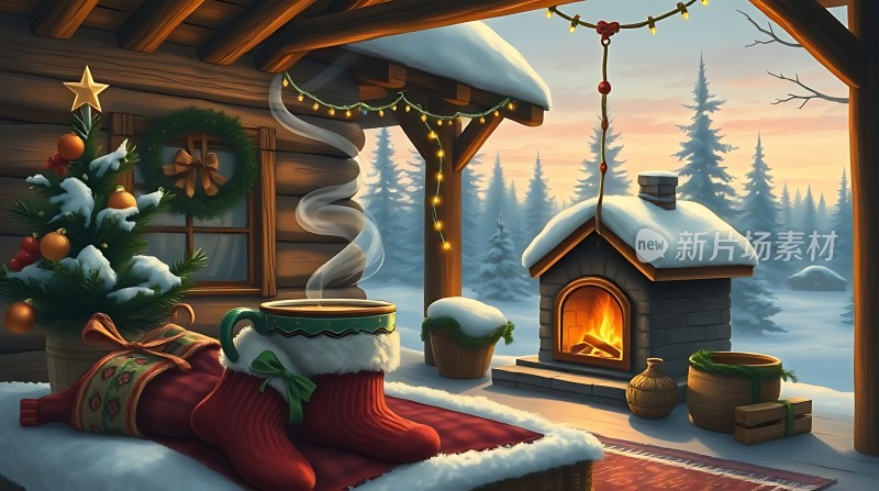 冬日暖炉旁的温馨圣诞场景