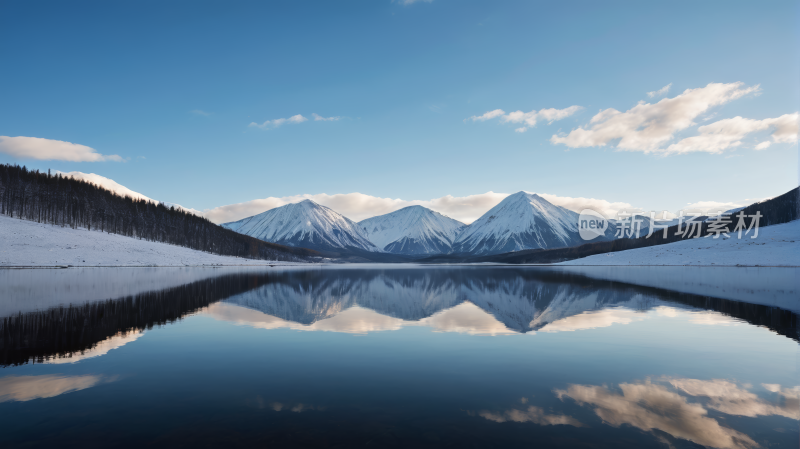 山倒映在湖中地面上有雪风景图片