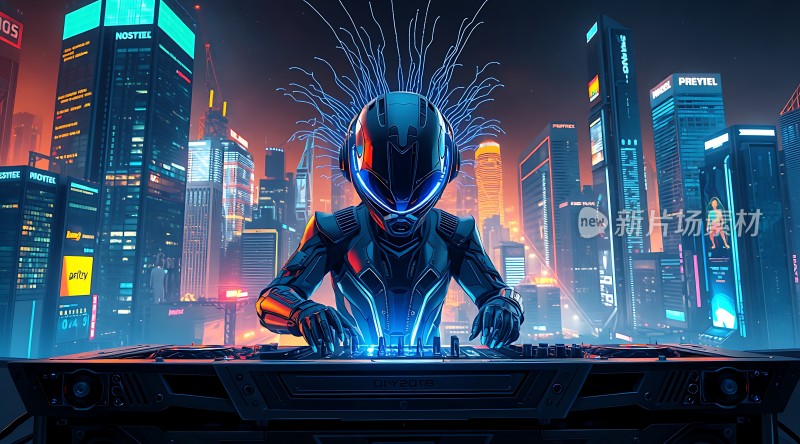 赛博朋克夜色中机器人DJ掌控未来城市节奏