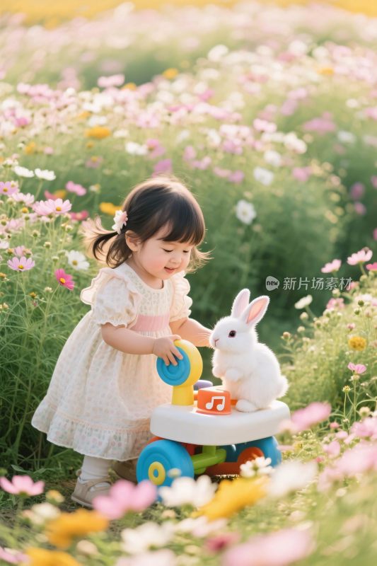小女孩花田推玩具车