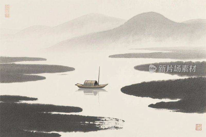 水墨山水小船画