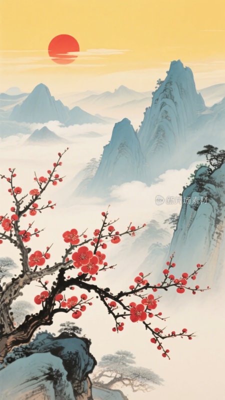 红梅映日山水国画景象