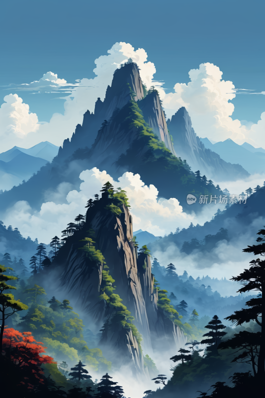 山上面一片森林高清风景插图片